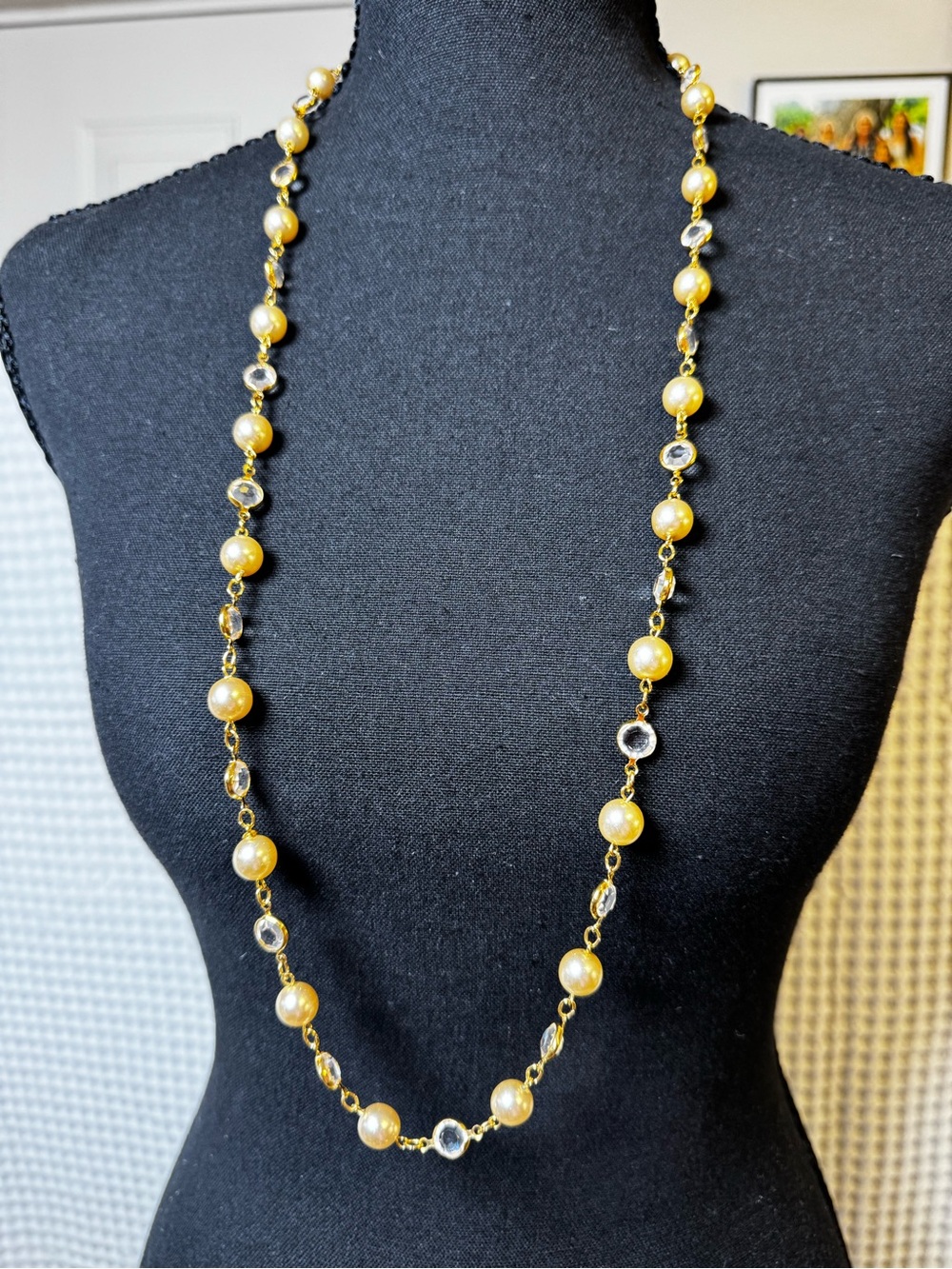 Vintage Signed Austrian Crystal USA Faux Pearl Station Necklace 34”